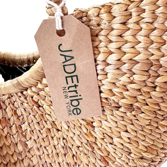 JADEtribe Aloha Woven Basket Bag with White Tassel and Pom Poms NWT - Picture 6 of 10